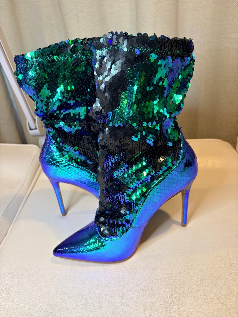 Iridescent Blue-Green Sequin Pointed Stiletto Boots